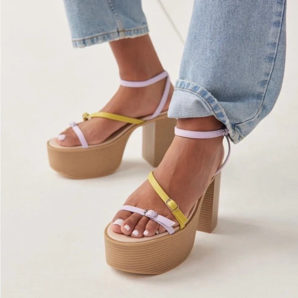 Urban Outfitters Eliza Platform Strappy Sandals US 7 Yellow Purple Block Heel